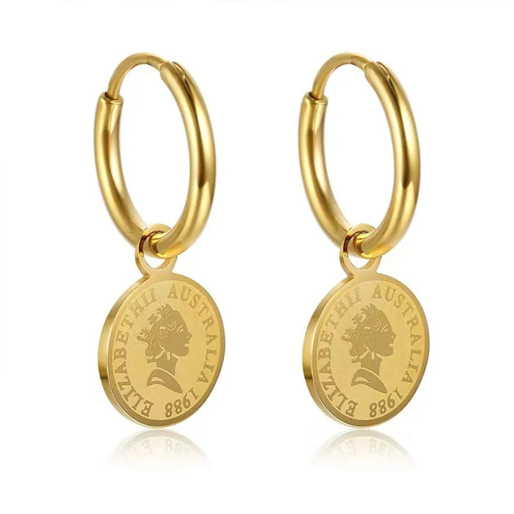 Vintage Gold Coin Charm Earrings Queen Elizabeth Pendant Circle Earring