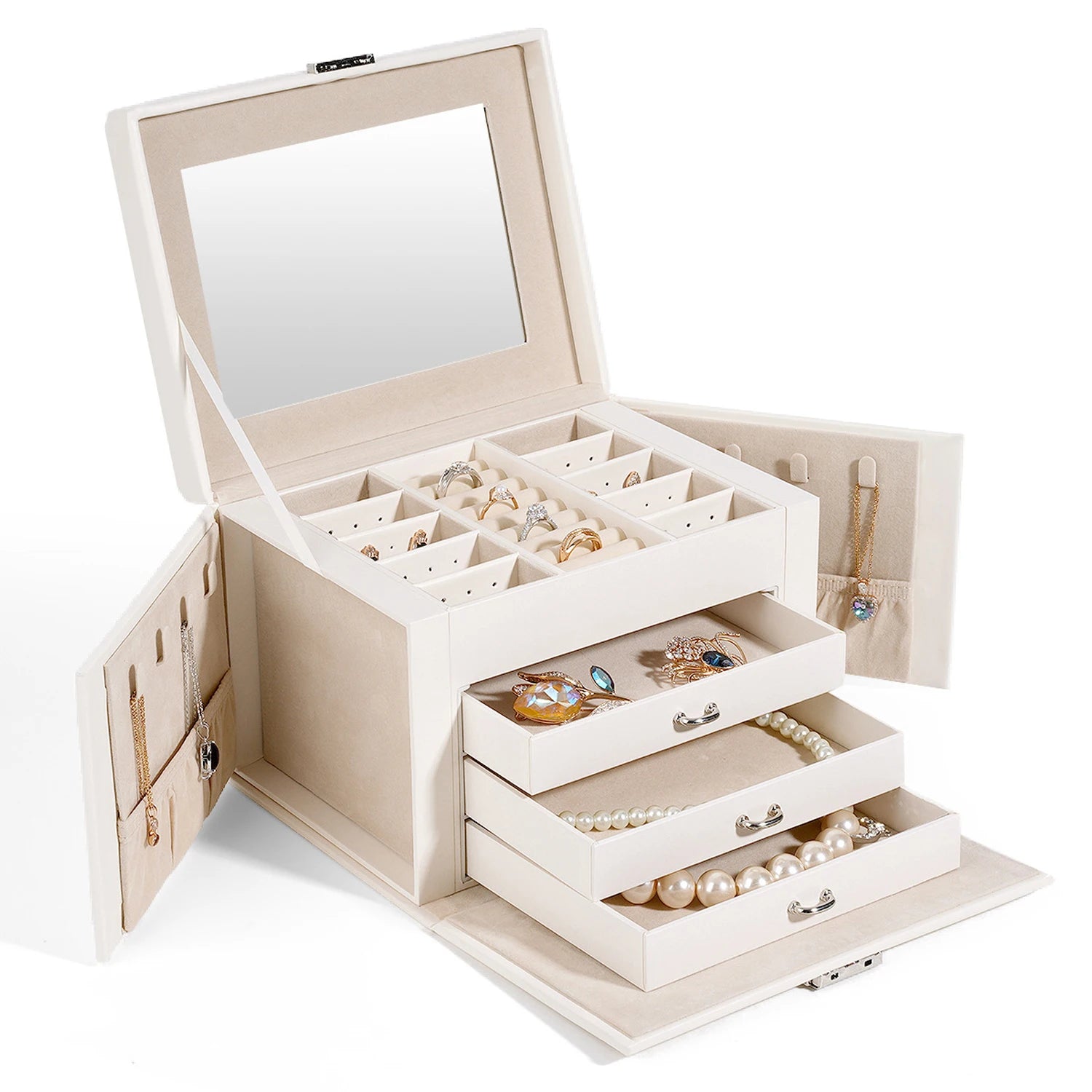 New Design Luxury Large Jewelry Box Big 3 Layer Drawer Mirror Pu Leather Organizer Suitcase Jewellery Storage case with Handle