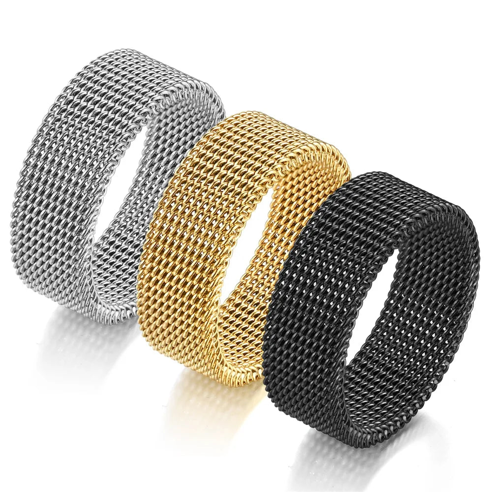 DINGCHAO Fine Stainless Steel Mesh Ring 8mm Gold/Silver/Black Elastic Braided Wedding Engagement Band for Men and Women