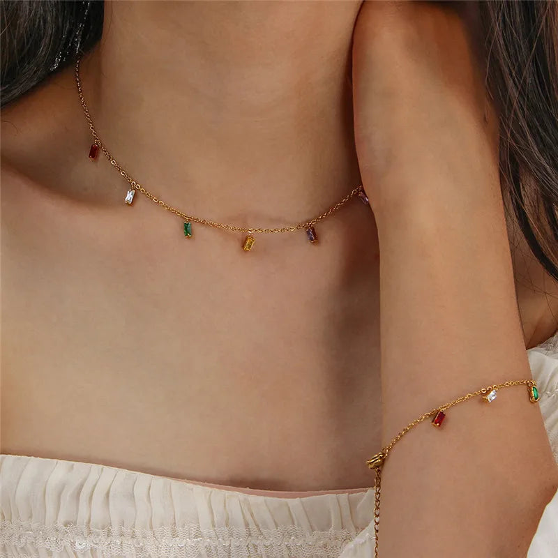 New Colorful Square Stainless Steel 18K Gold Plated Classic Style Link Chain Pendant Necklace Bracelet Choker