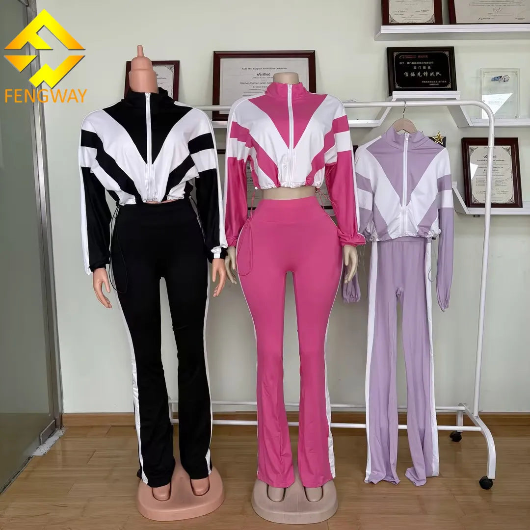 2025 Spring New Fashion Two Piece Set for Woman Color Block Long Sleeve Zipper Jacket + Skinny Leggings Tracksuit