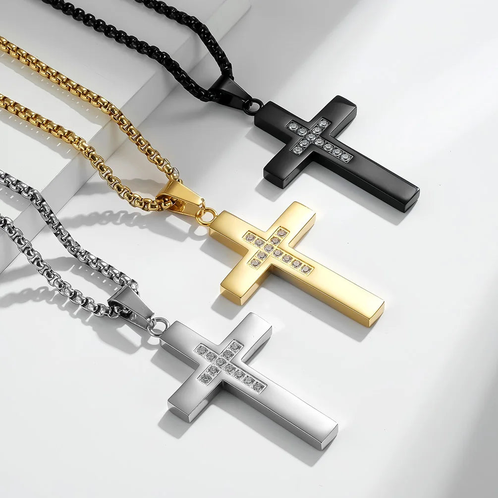 2024 Trendy Religious Style Stainless Steel CNC Crystal Diamond Cross Pendant Necklace Charms Jewelry Price for Anniversaries