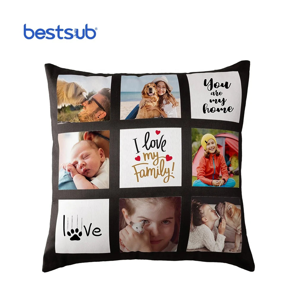 Bestsub Custom 45*45cm Black White Heat Press Transfer Family Picture Pillow Case Sublimation Blanks 9 Panel Pillows Cover