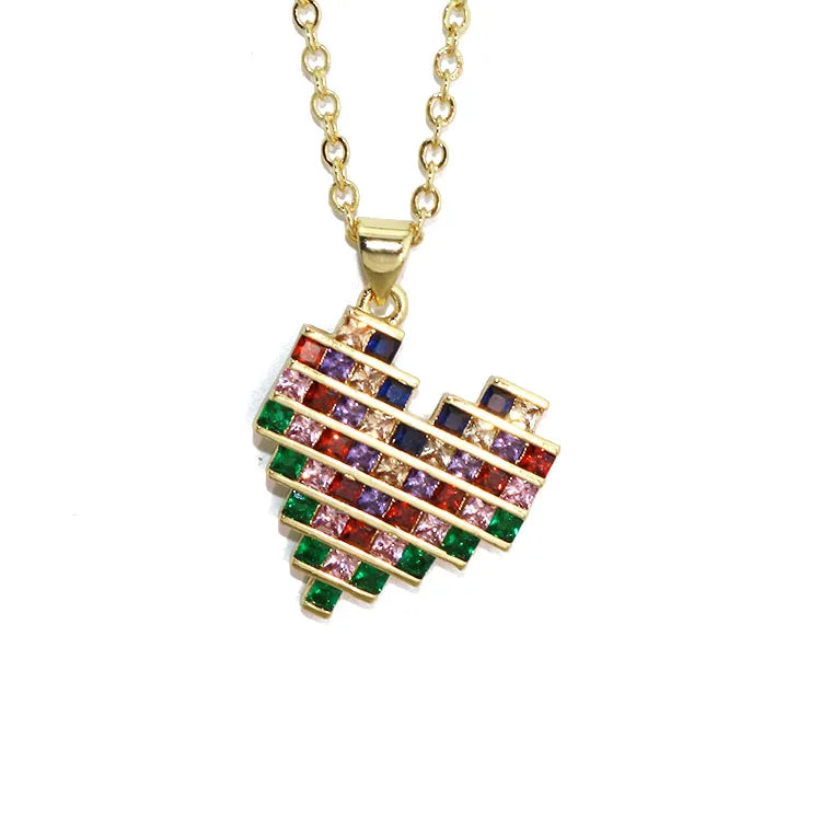 NZ1212 Dainty Chain rainbow CZ Diamond baguette Heart Charms Pendant Necklaces for Women