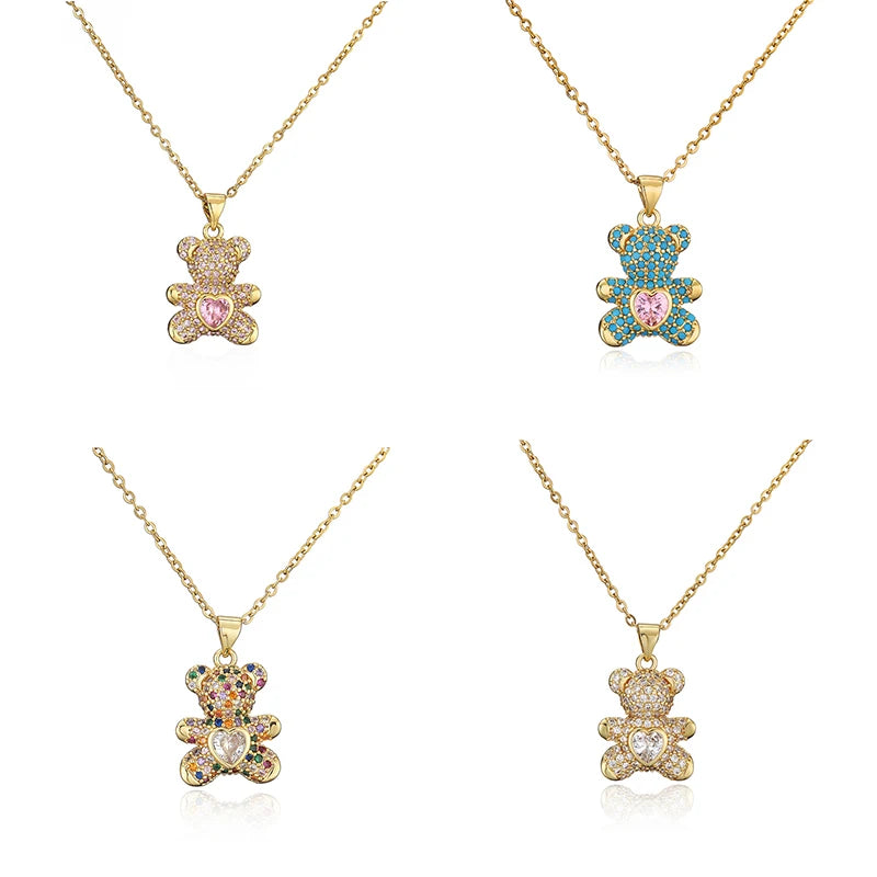 European and American Fashion New Copper Micro-inlaid Color Zircon Cute Bear Pendant Necklace