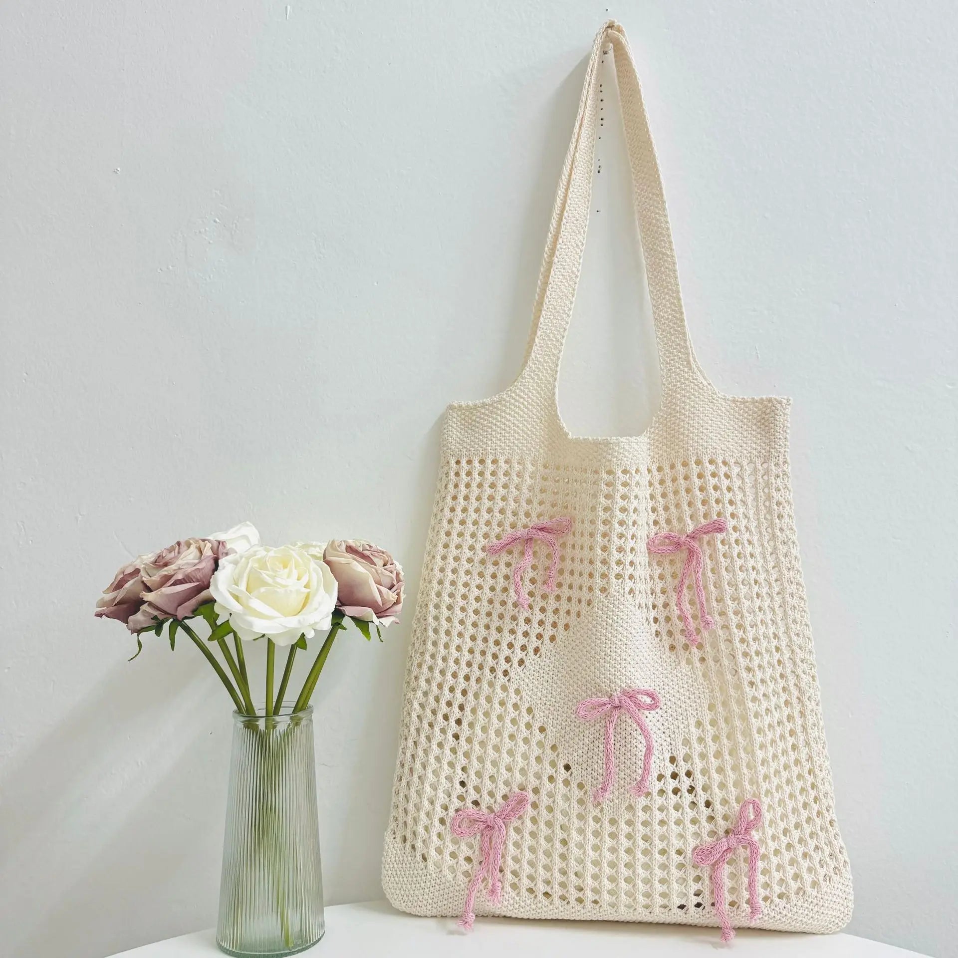 2026 New South Korea Dongdaemun Casual Tote Large Capacity Knitted Shoulder Bag with Bow Element Dual Handles Lining Print
