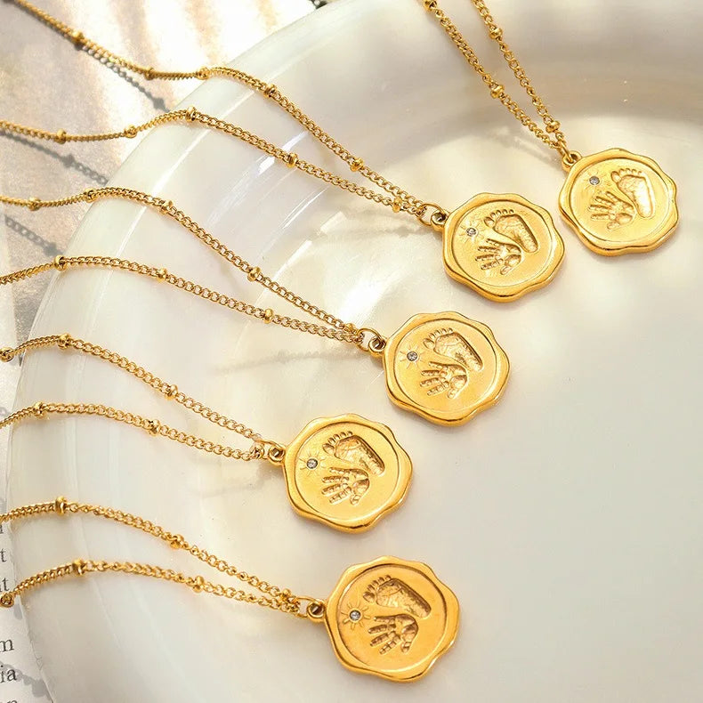 Hot Sell French Palmprint Footprints Sun Necklace Zircon Pendant Stainless Steel Women