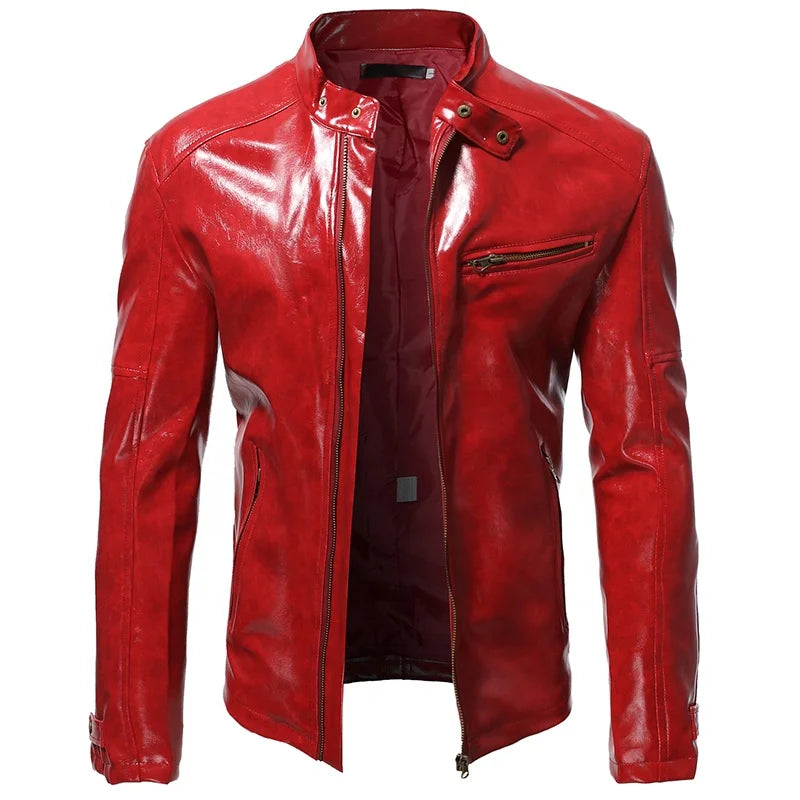2023 Men's Autumn New Shiny Leather Jacket Fashion Self-cultivation Stand-up Collar Motorcycle Suit PU Handsome Short Top S-5XL