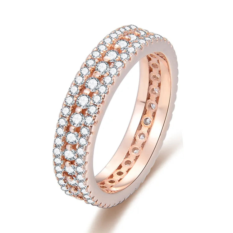 925 Sterling Silver Eternity Band for Women 18K Rose Gold & Rhodium Plated Three-Row Cubic Zirconia for Weddings & Parties