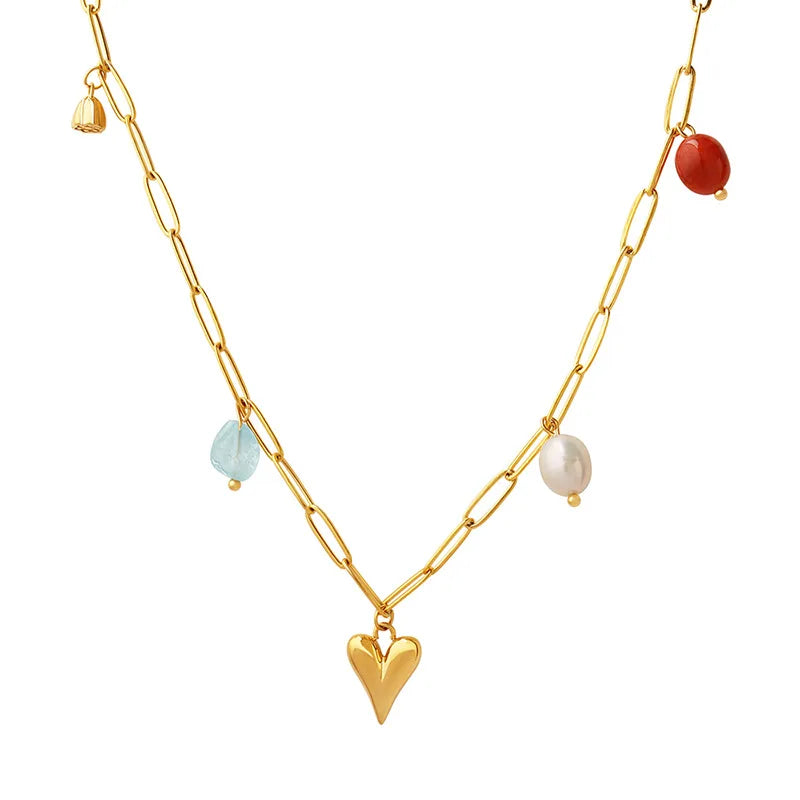 French Peach Heart Freshwater Pearl Natural Stone Pendant Collar Chain Necklace Jewelry for Girlfriend Gift