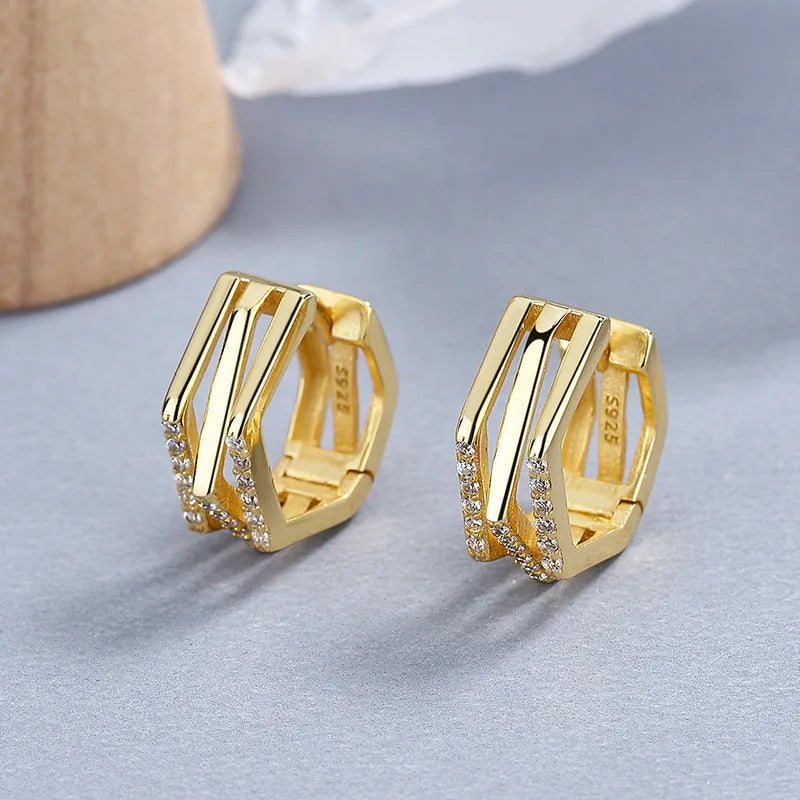 925 Sterling Silver Statement Earrings for Women Geometric Three Layers Polygon Multilateral Zircon Gold Plated Hoop Earrings