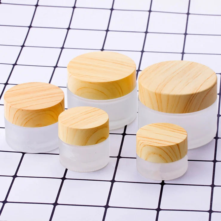 Facial Care Cosmetic Packaging 10g 20g 30g Frosted Matte Wood Gain Cover Cosmetic Cream Glass Jars