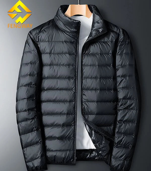 Men's Winter Thin High Street Puffer Jacket Light Warm Duck Feather Custom Logo Nylon Bubble Coat Filled Down