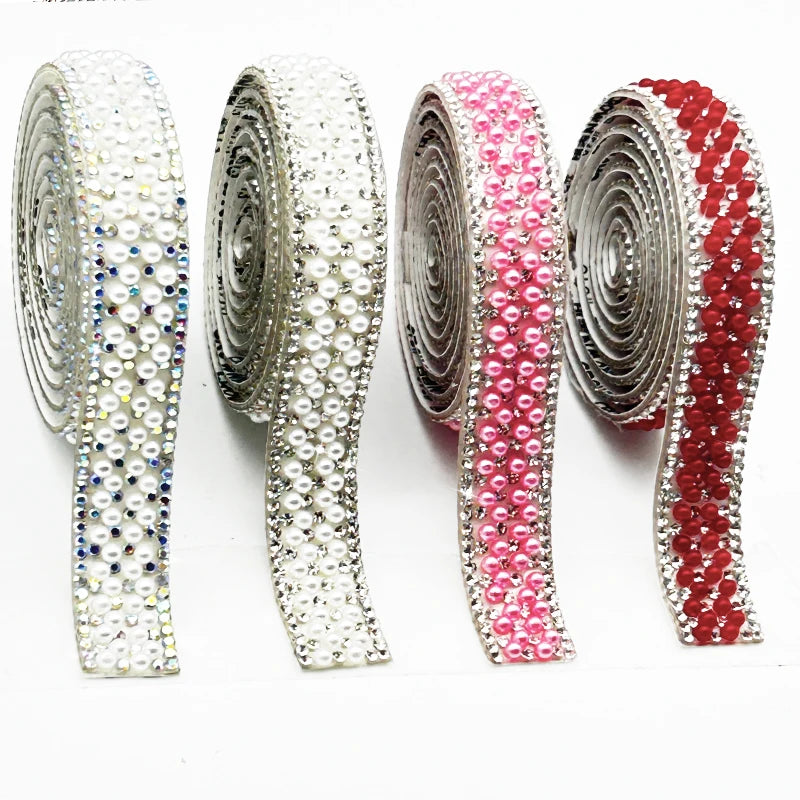 Wholesale Crystal Rhinestone Banding Ribbon Pearl Beads Adhesive Trim with Crystal Cup Chain for Shoes and Garments