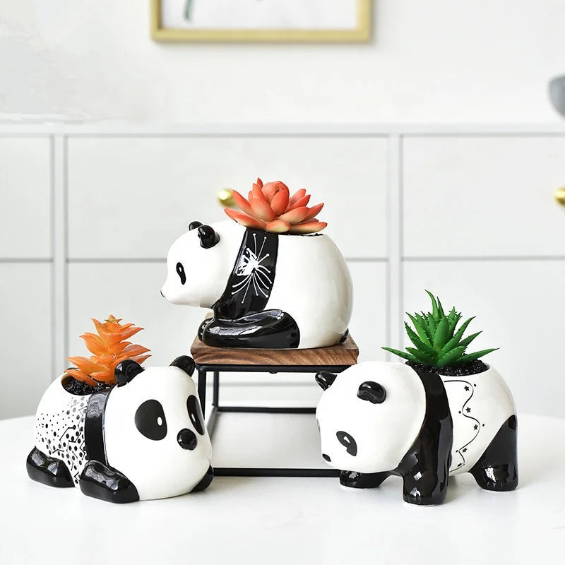 Animal Series Cute Panda Shape Ceramic Modern Garden Flower Pots Drainage Hole Succulent Exquisite Home Decoration