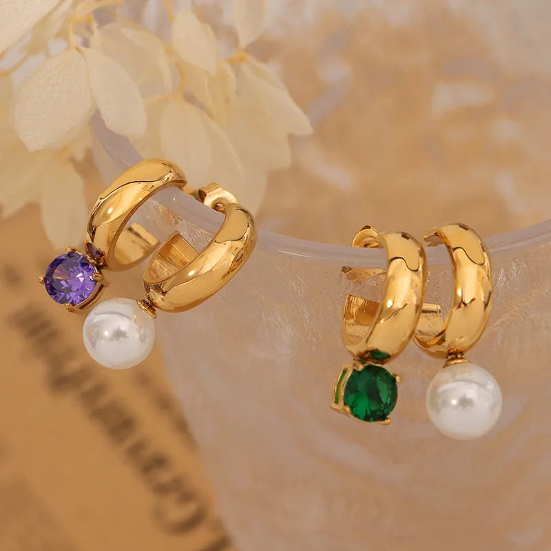 High End Fashion Design Gemstone Ear Stud 18k Gold Plated Stainless Pearl Zircon Asymmetrical Earrings Jewelry