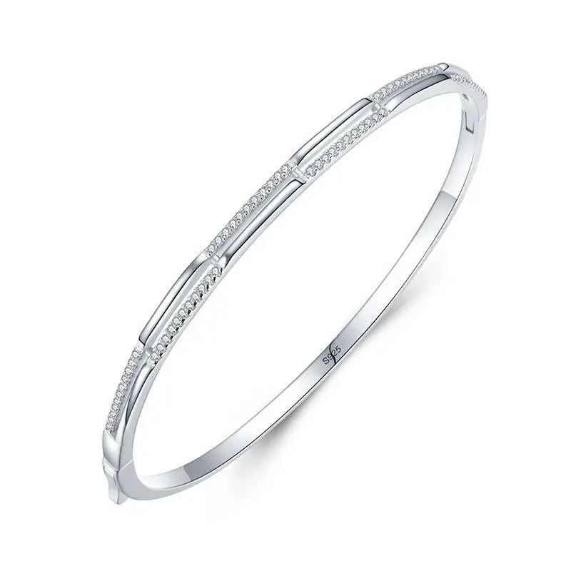 Fashionable New Design Women's Tennis Bracelet Single Cuff Pave Double Zircon & Diamond 925 Silver Jewelry