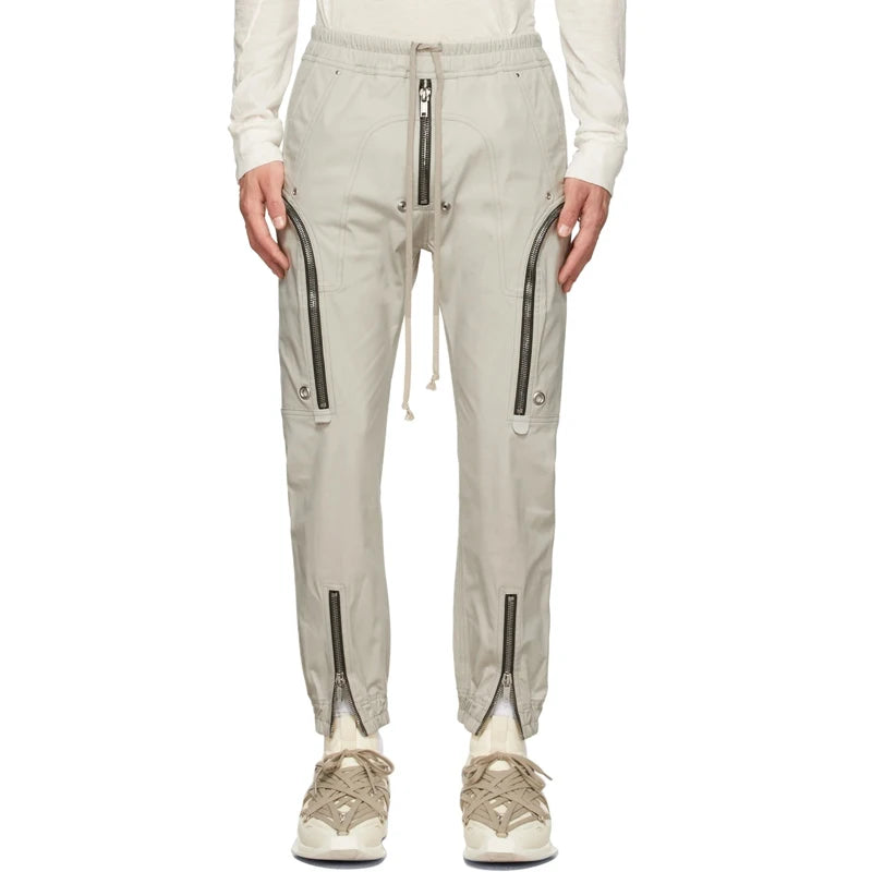 OEM Straight Casual Mid Drawstring Elastic Waist Zipper Vent Multi Pockets 100% Cotton Pleated Front Breathable Cargo Pant Men