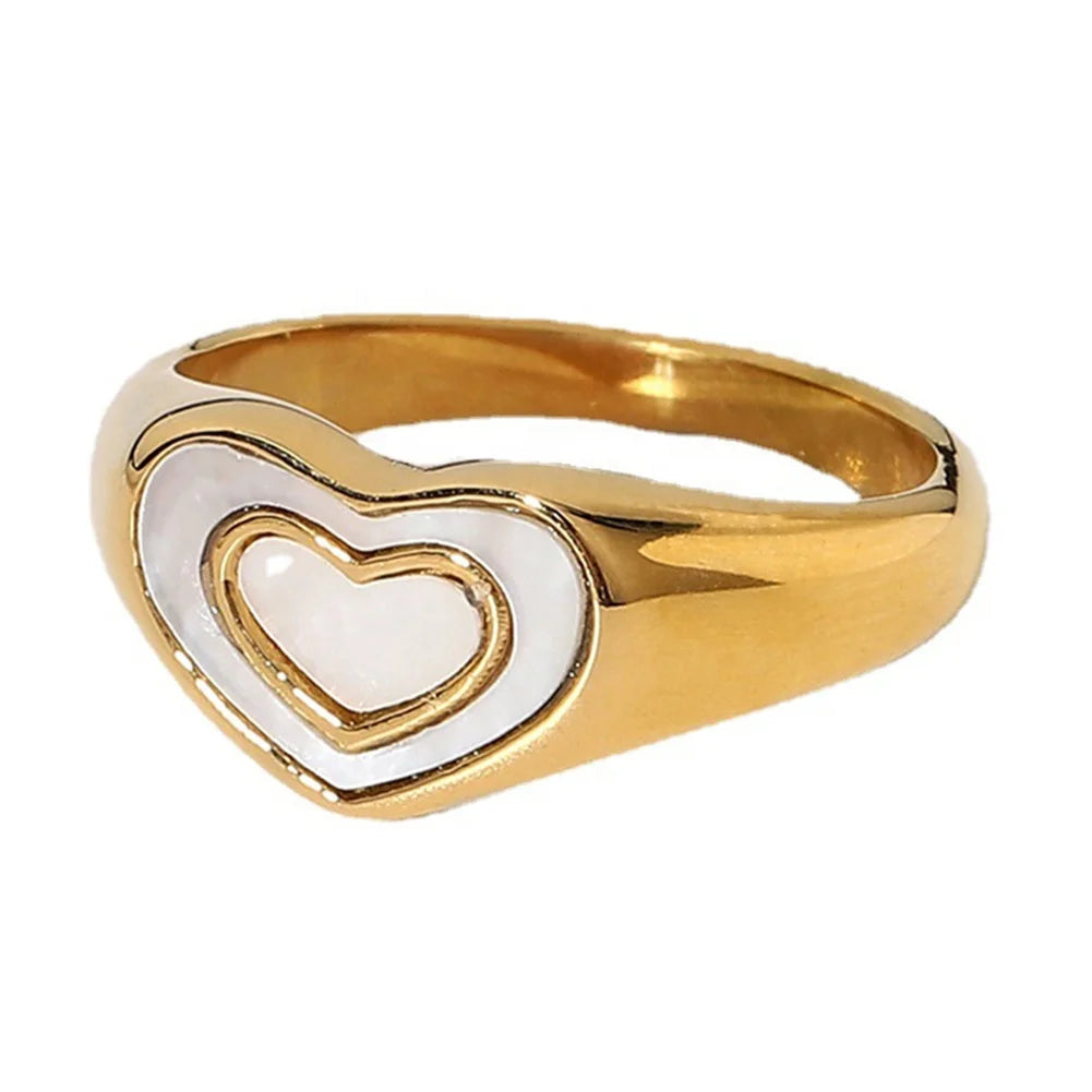 Gorgeous 18k Pvd Gold Plated Double Heart Enamel Rings White Black Brown Stainless Steel Rings for Women