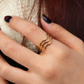 Chris April 316L Stainless Steel Triple Layers Gold Wavy Personality Hollow Out Ring