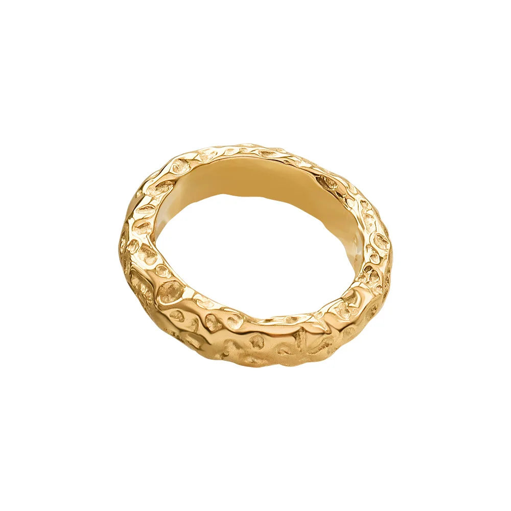 Custom Logo Vintage Jewelry 316L Stainless Steel Waterproof PVD 18K Gold Plated Texture Hammered Rings