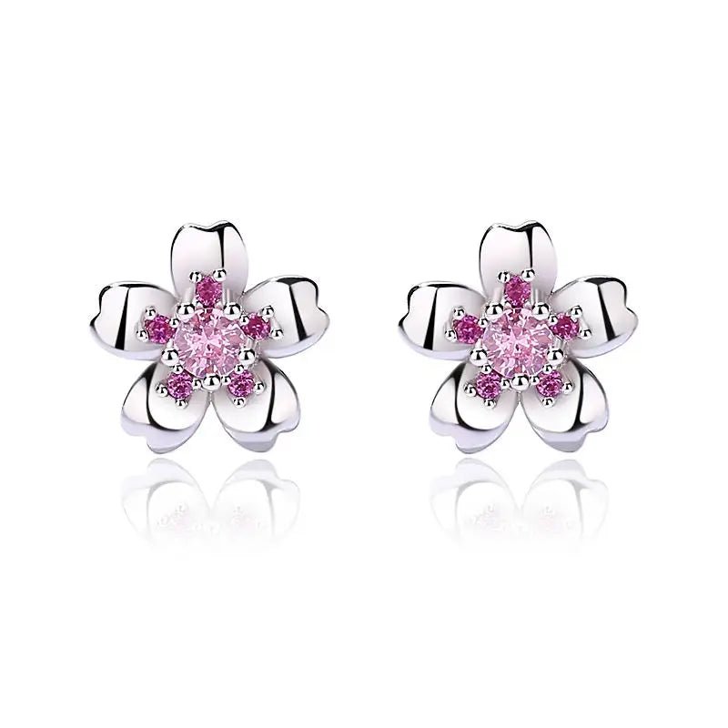 Daidan Cherry Blossom Jewelry Delicate Dainty Cubic Zircon Pink Cherry Blossom 925 Silver Stud Earrings