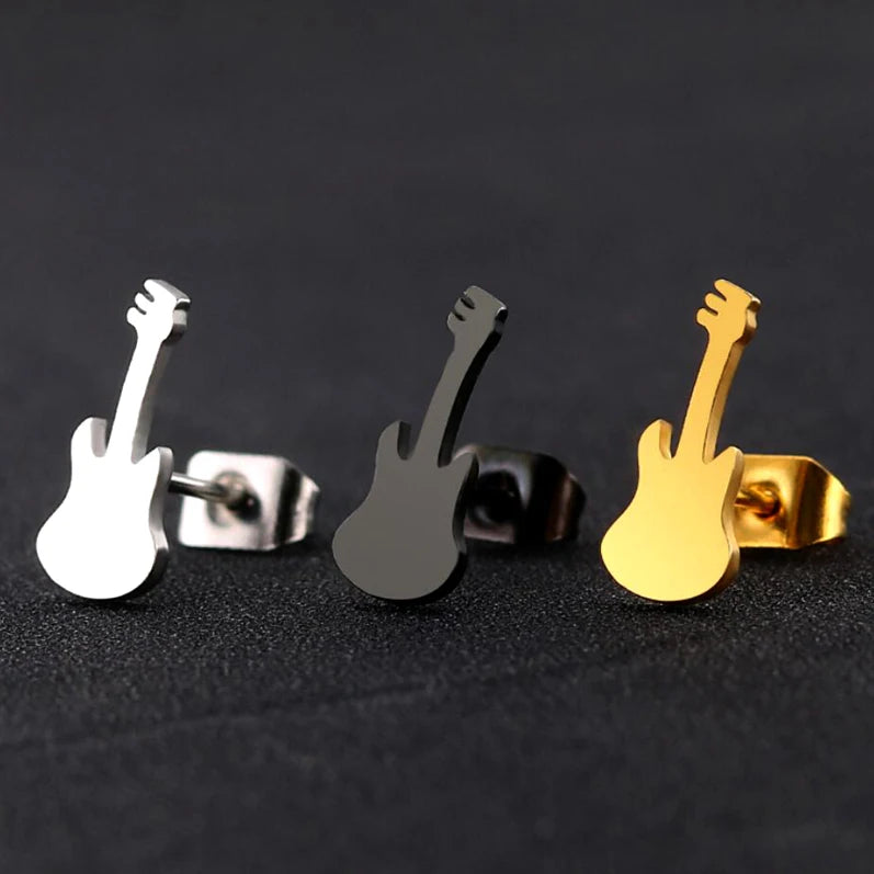 Trendy Rose 18K Gold Silver Plated Stainless Steel Cute Guitar Stud Earrings Jewelry for Women