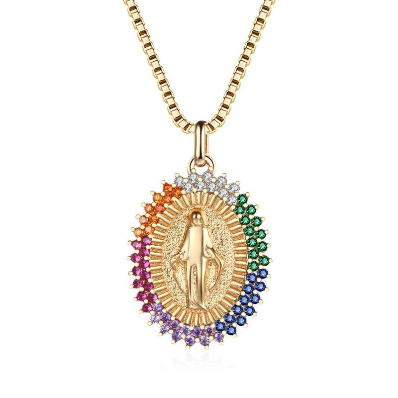 Woman 18k Gold Filled Jewelry Hot Selling Virgin Mary Crystal Pendant Necklace Religious Christian Necklace
