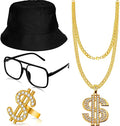 Hip Hop Costume Kit Bucket Hat Sunglasses Gold Chain Ring 80s/90s Rapper Accessories(Black)