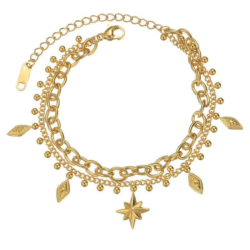Stainless Steel 18k Gold Plated Double Layer Octagonal Star Design Waterproof Bracelet Non Tarnish YF6080
