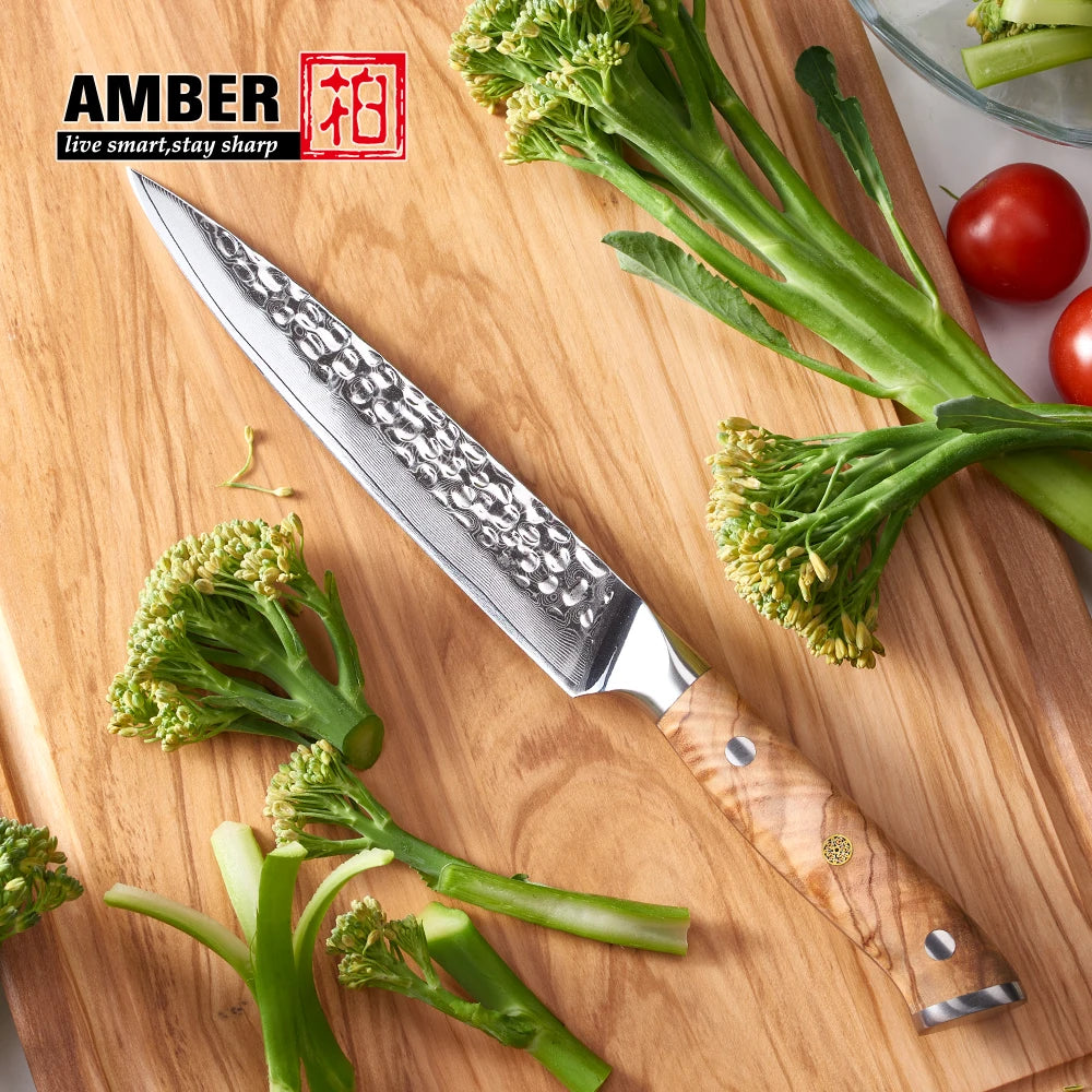 Olive Wood Handle Vegetable Fruit Paring Knife Vg10 Damascus Kitchen Hammered Forged Utility Knife