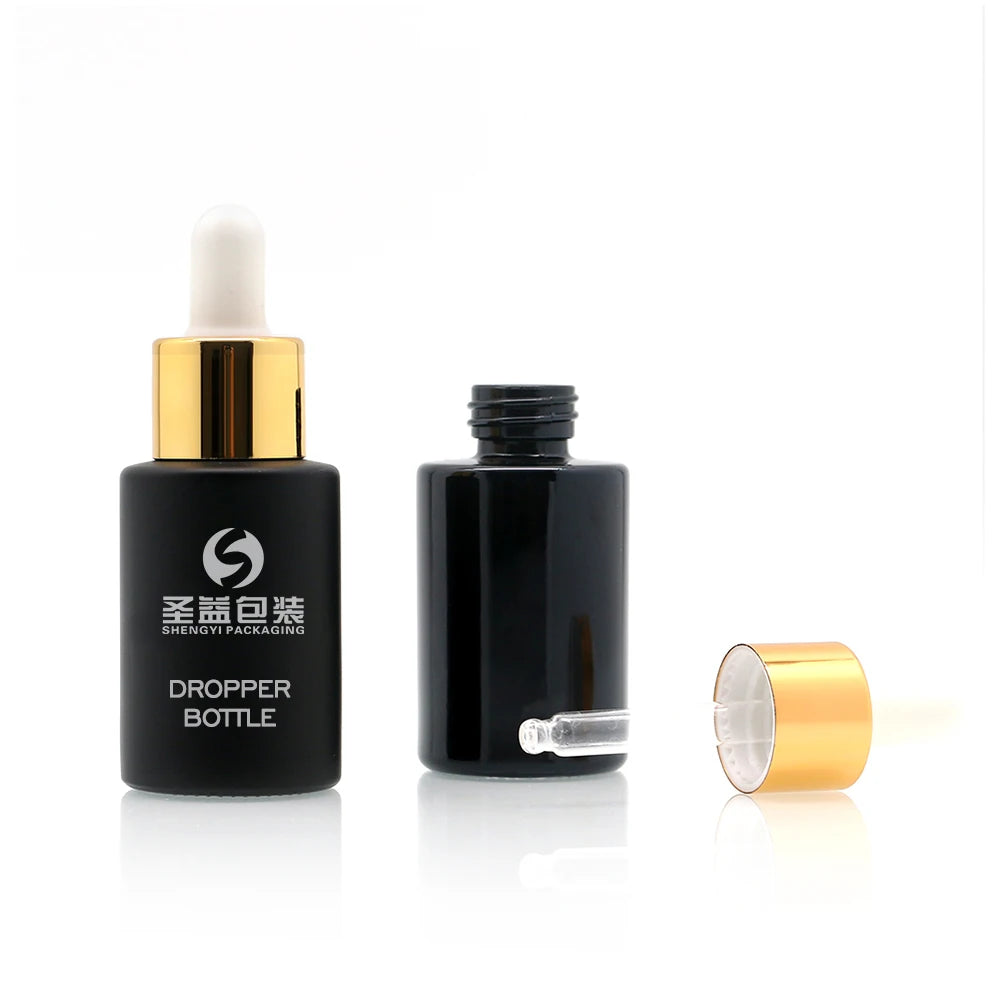 Luxury Cosmetic Skin Care Packaging Matte Black Flat Shoulder Glass Dropper Bottle 20ml 50ml 30 ml Serum Bottle with Dropper