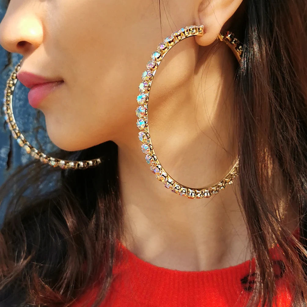 New Trendy Multiple Triangle Rectangle Heart Bead Earrings Big Large Silver Plated AB Color Rhinestone Diamond Hoop Earrings