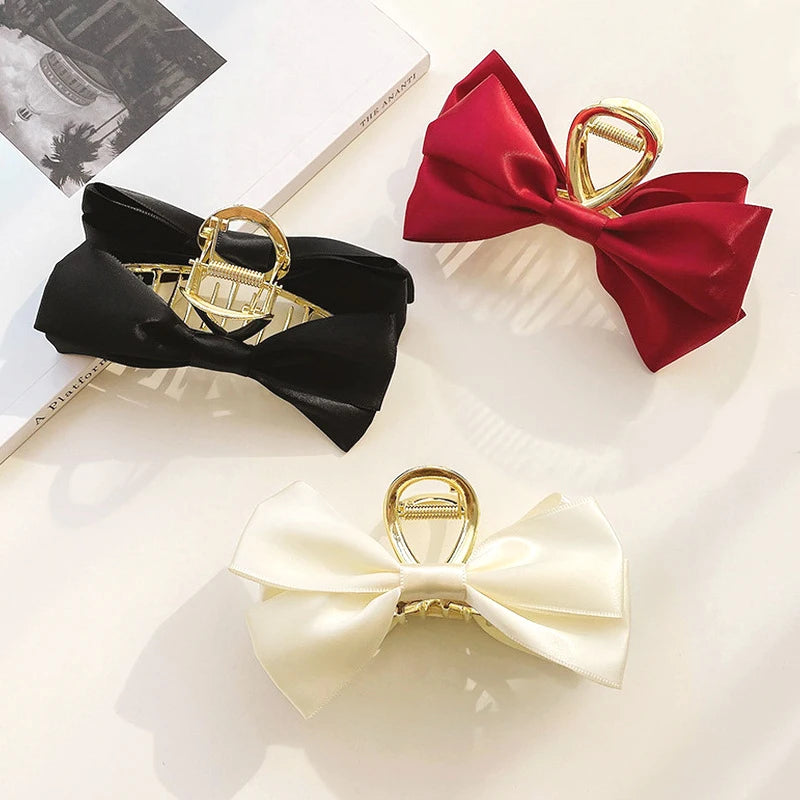Korean Elegant 12cm Double Bow Satin Claw Hair Claws Large Metal Bowknot Fashion Princess Hair Accessories Red White Black Girls