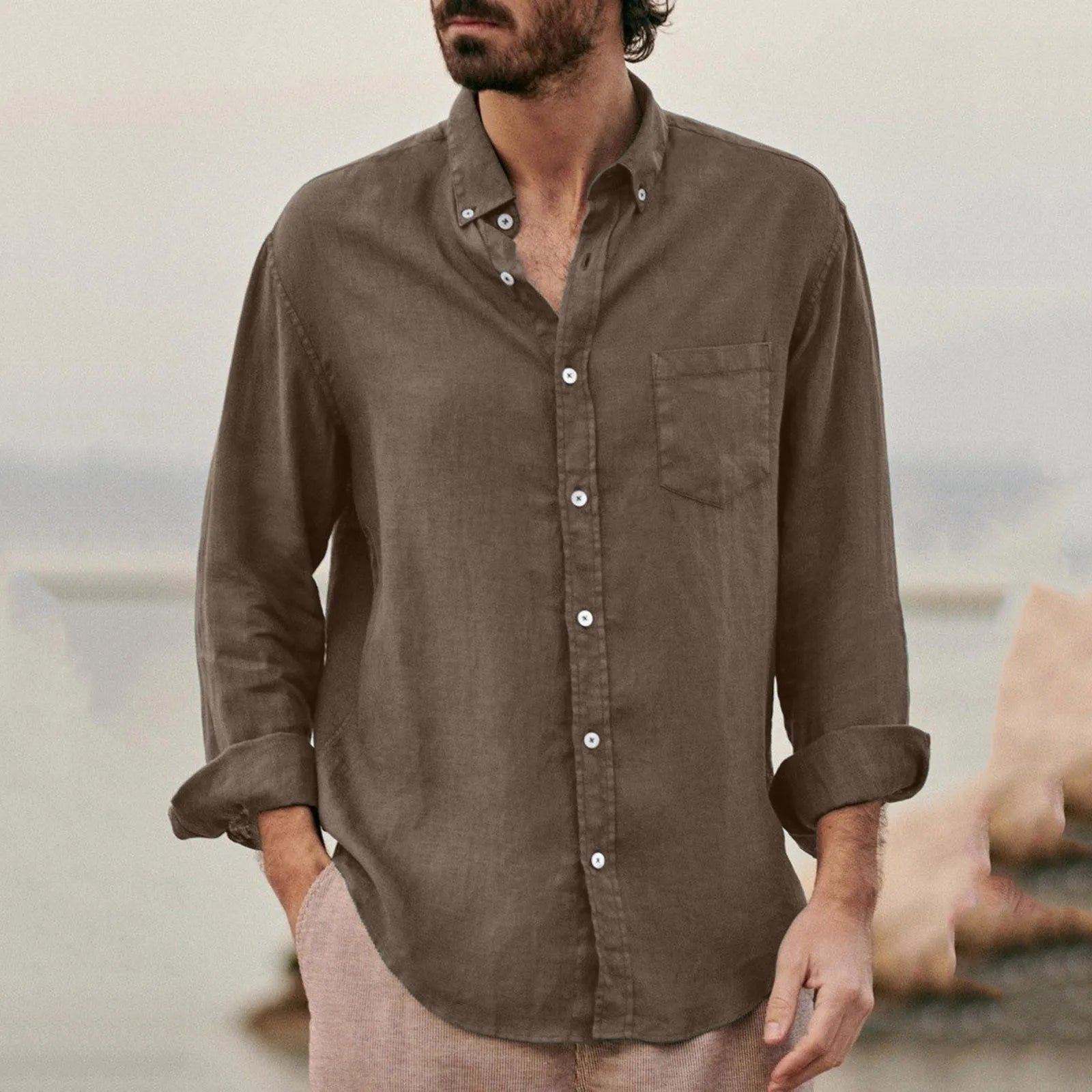 Clothes Supplier Custom Print Embroidered Button Down Collar Men Solid White Blank Vintage Cotton Linen Dress Shirt for Men