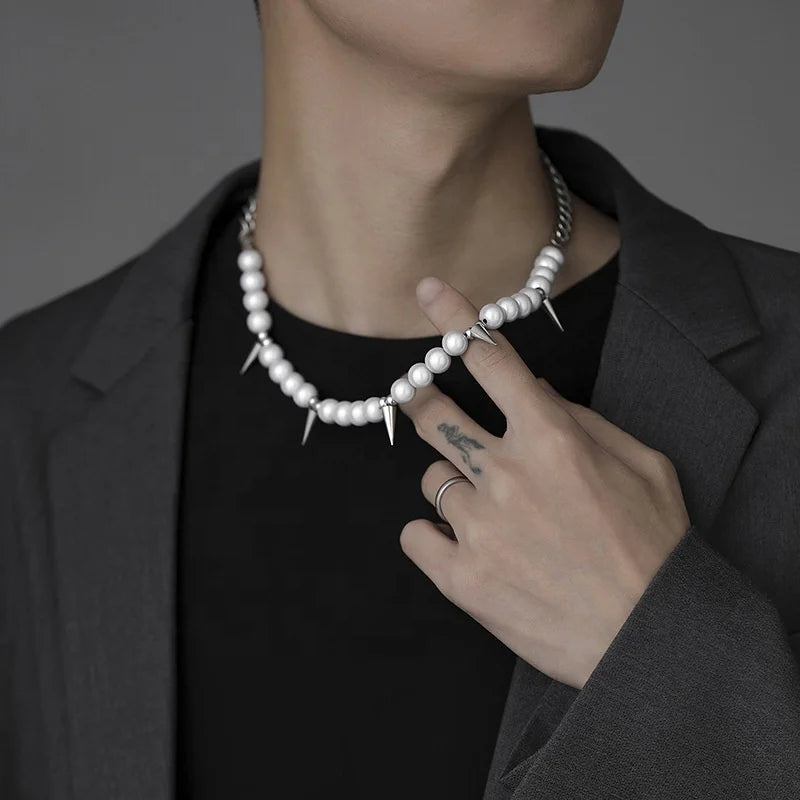 Latest Hip Hop Men Women Rapper Jewelry Rivet Pendant Reflective Pearl Stainless Steel Fashionable New Design Necklace