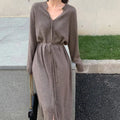 Wholesale 2026 Autumn New Fashion Dress Simple Temperament Was Thin Solid Color Over-the-knee Drawstring Waist Knit Dress