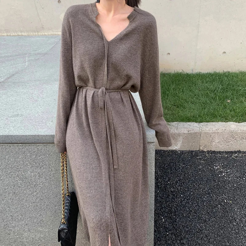 Wholesale 2026 Autumn New Fashion Dress Simple Temperament Was Thin Solid Color Over-the-knee Drawstring Waist Knit Dress