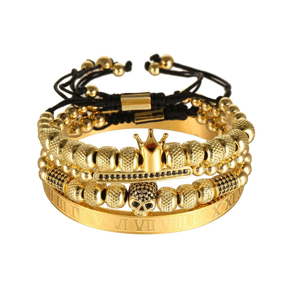 Hot Selling  4pcs/set Cz Gold Beaded Bracelet Jewelry Cz Drill Ball  Crown Woven Adjustable Men Woven Rope Skull Bracelet