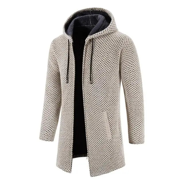 Winter Men's Plush Thick Fur Medium Length Knitted Sweater Oversized Casual Cardigan Hooded Jacket