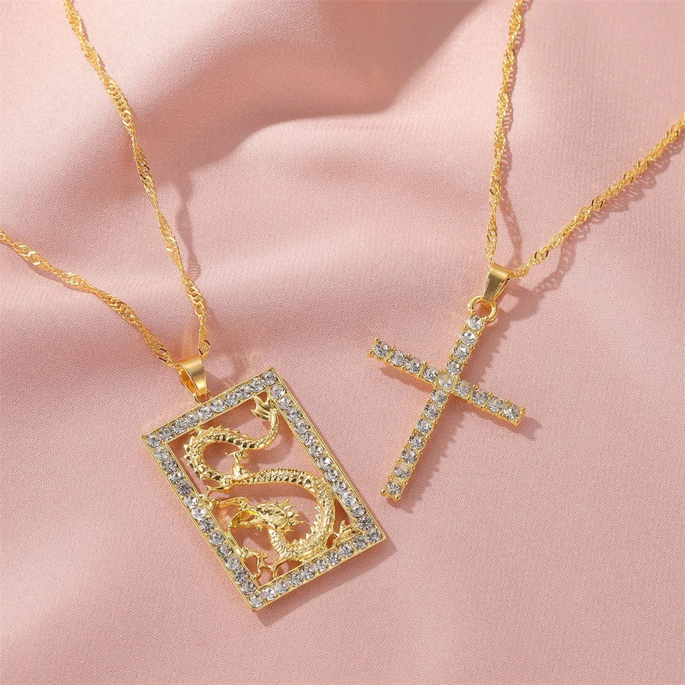 New Fashion Punk Style Gold Plating Christian Cross Necklace Crystal Diamond Dragon Cross Pendant Necklace