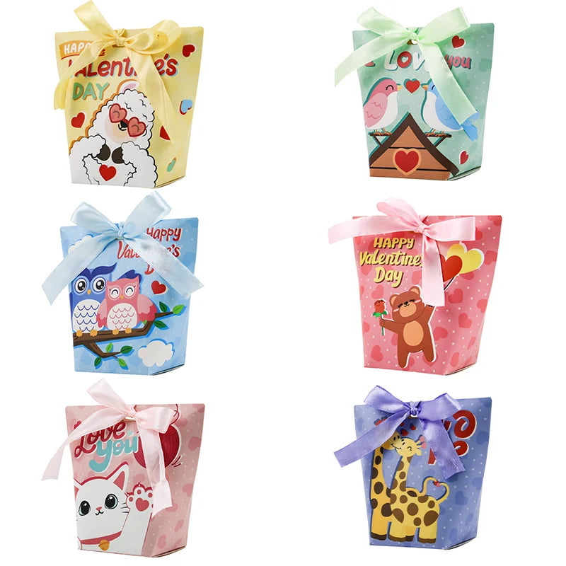Valentinie's Day Cute Animal Design Recyclable Paperboard Candy Cookie Gift Boxes Valentine Party Favour with Ribbons for Kids