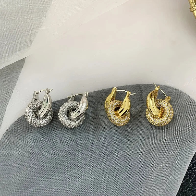 Hot Sale Hyperbole Chunky U Shape Huggie Earrings 18K Gold Plated Stainless Steel Iced Out Double Loop Hoop Earrings