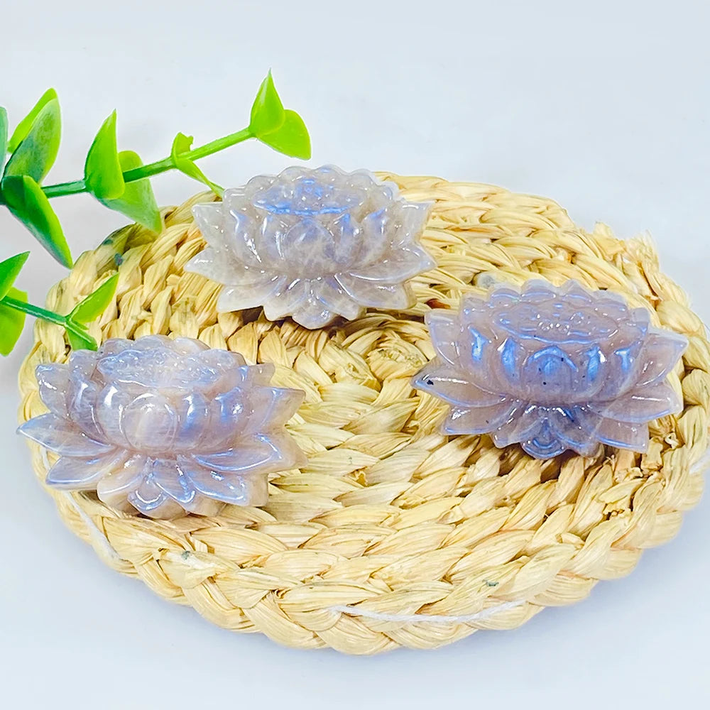 Natural Blue Flash Moonstone Lotus Flower Carving Hand Carved Crystal Healing Ornament for Home Decor & Gift