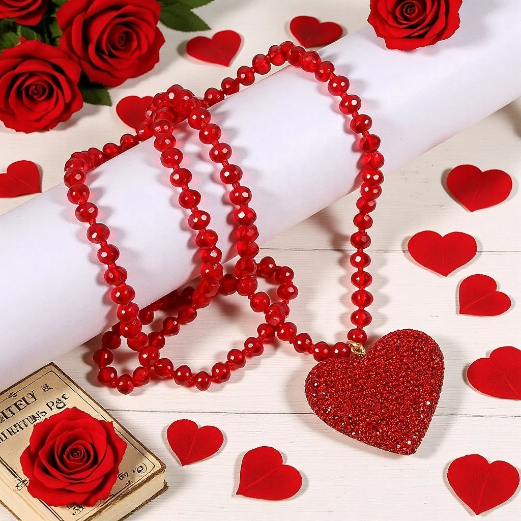 Fashion Boho Valentines Gift 8mm Shiny Crystal Glass Knotted Necklace Rhinestone Heart Pendant Necklace Sweater Chain