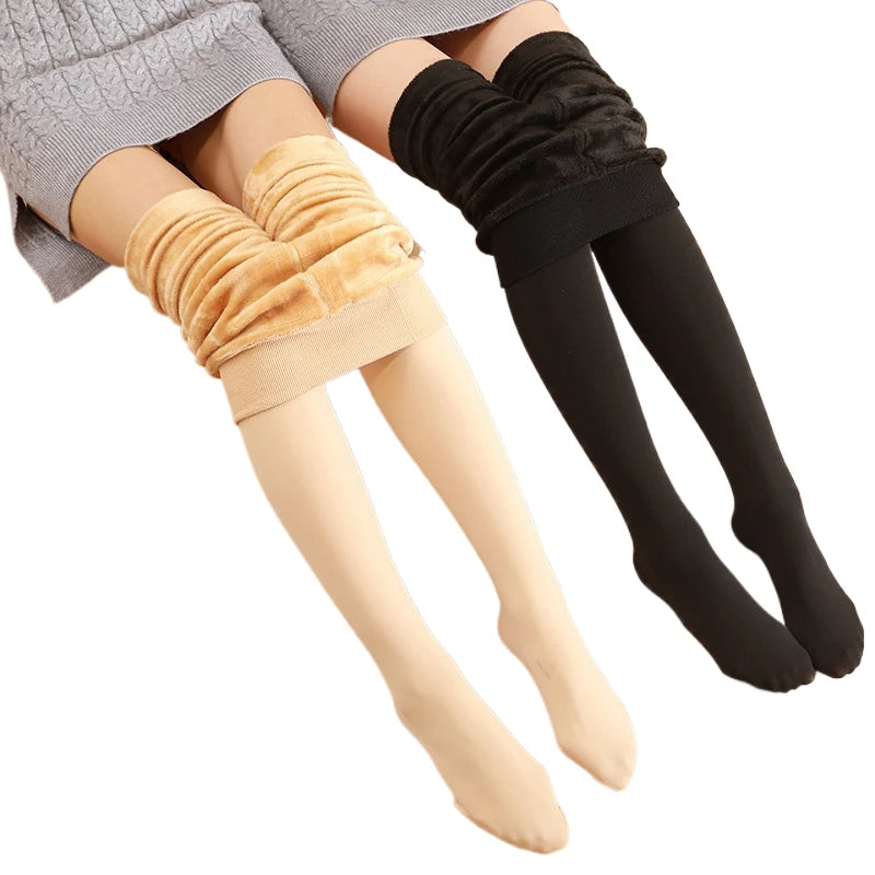 Women's Fleece Lined Thermal Pantyhose Skin Tone High Waist Open Toe Design for Winter Warmth Footless Design Leggings