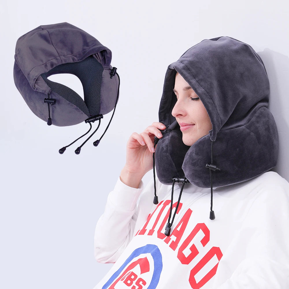 Factory Direct Sales Airline Neck Pillow U Shape Memory Foam Neck Pillow with Hoodie Storage Bag Portable Travel Neck Pillow