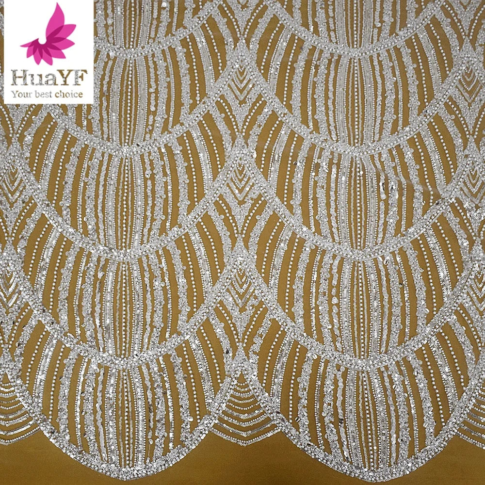 2023 Latest Bridal Beaded Tulle Lace Fabric With Pearls for Women Wedding Dress HY2742