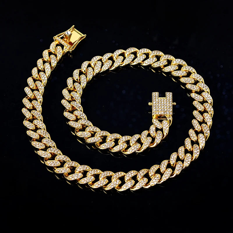Hip Hop Men Women Jewelry 18K Rose Gold Plated Iced Out Bling 13mm Bracelets CZ Prong Diamond Miami Cuban Link Chain Necklaces