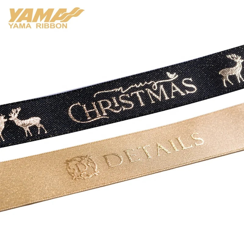 Ribbon Custom Printed Brand Gold logo on Black White Satin Ribbon for Gift Wrapping Box